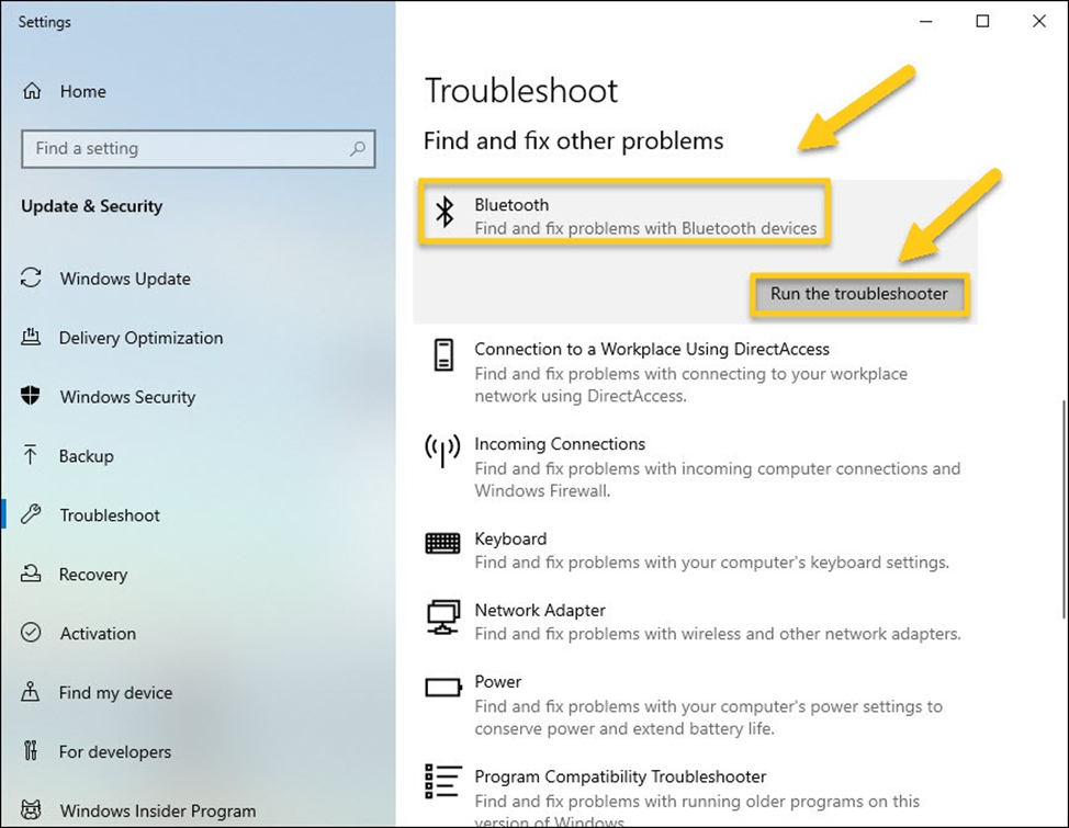 Running the Windows Bluetooth Troubleshooter